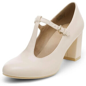 Low Chunky Heels for Women T-Strap Pumps Closed Toe Wedding Dress  Shoes